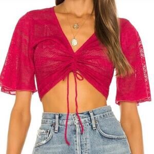 Lovers and Friends Pink Semi sheer‎ Cinch Front Crop V-Neck Shirt Size Small